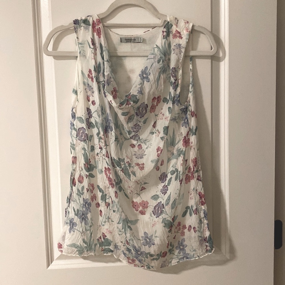 Tendenze 100% silk white cowl neck top in pink and purple flower print